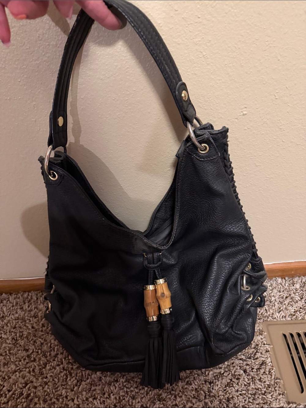 Olivia + Joy Black Hobo Tote with Bamboo Tassel